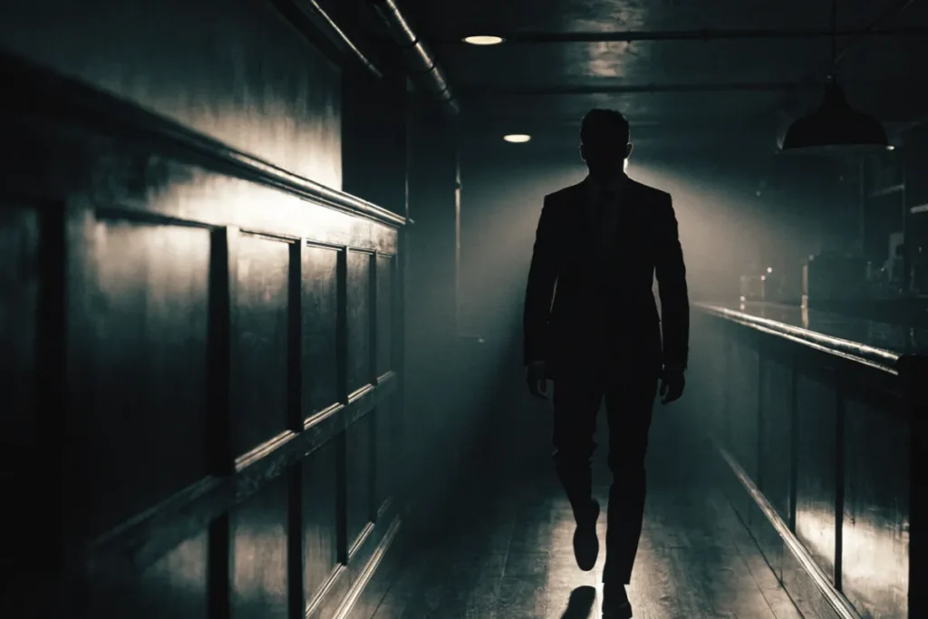 silhouette élégante de dos dans un couloir sombre, ambiance crime stylisé de The Gentlemen saison 2