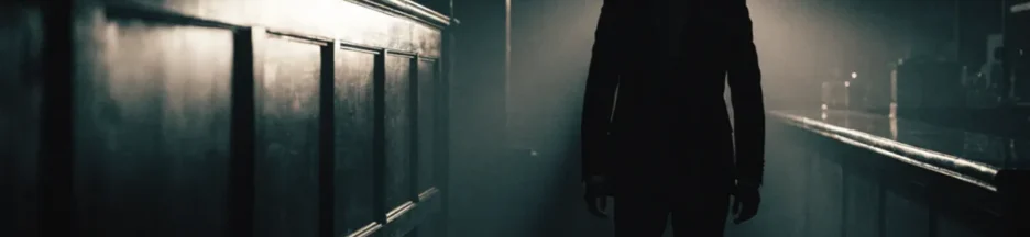 silhouette élégante de dos dans un couloir sombre, ambiance crime stylisé de The Gentlemen saison 2