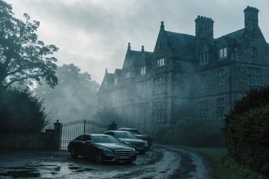 manoir anglais dans la brume avec voitures de luxe