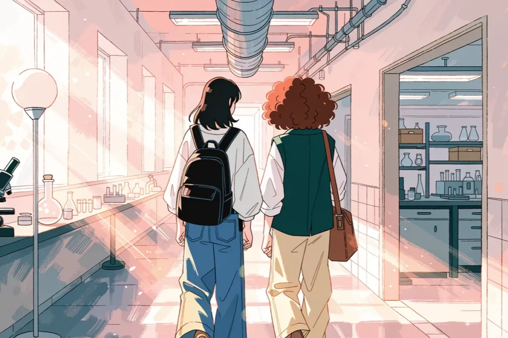 Un couple de dos dans un couloir de laboratoire, illustrant l'ambiance romantique de The Love Hypothesis