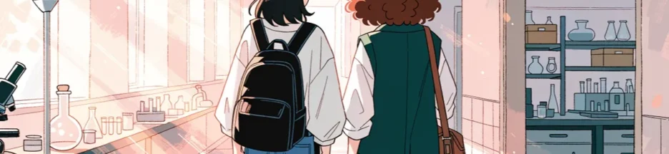 Un couple de dos dans un couloir de laboratoire, illustrant l'ambiance romantique de The Love Hypothesis