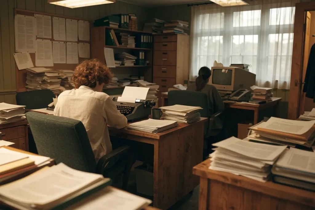 Une rédaction de journal vue de dos illustre l'ambiance mockumentaire de The Paper