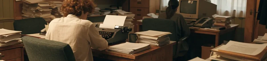 Une rédaction de journal vue de dos illustre l'ambiance mockumentaire de The Paper