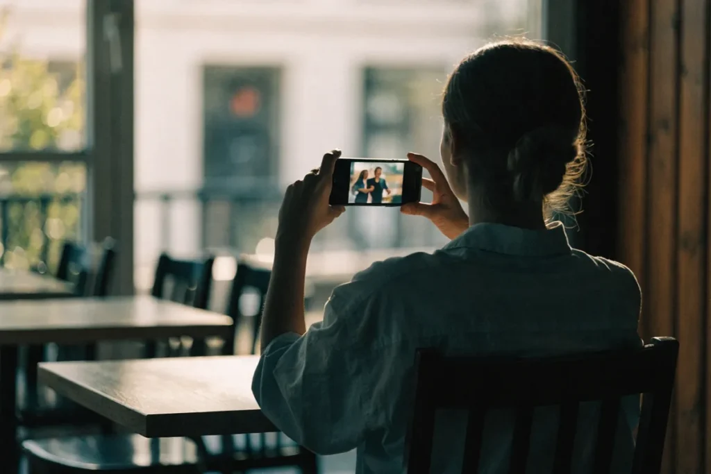 Une personne de dos regarde The Paper en streaming sur smartphone dans un café