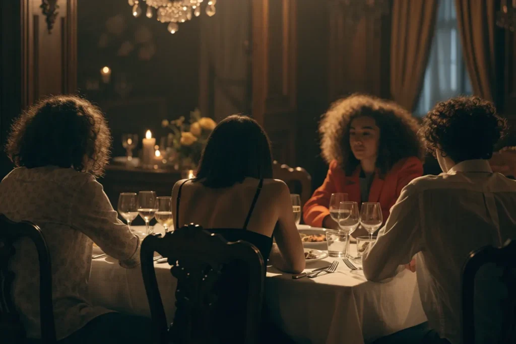 Un dîner entre amis vu de dos illustre l'ambiance feutrée de The Perfect Lie