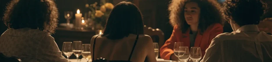 Un dîner entre amis vu de dos illustre l'ambiance feutrée de The Perfect Lie