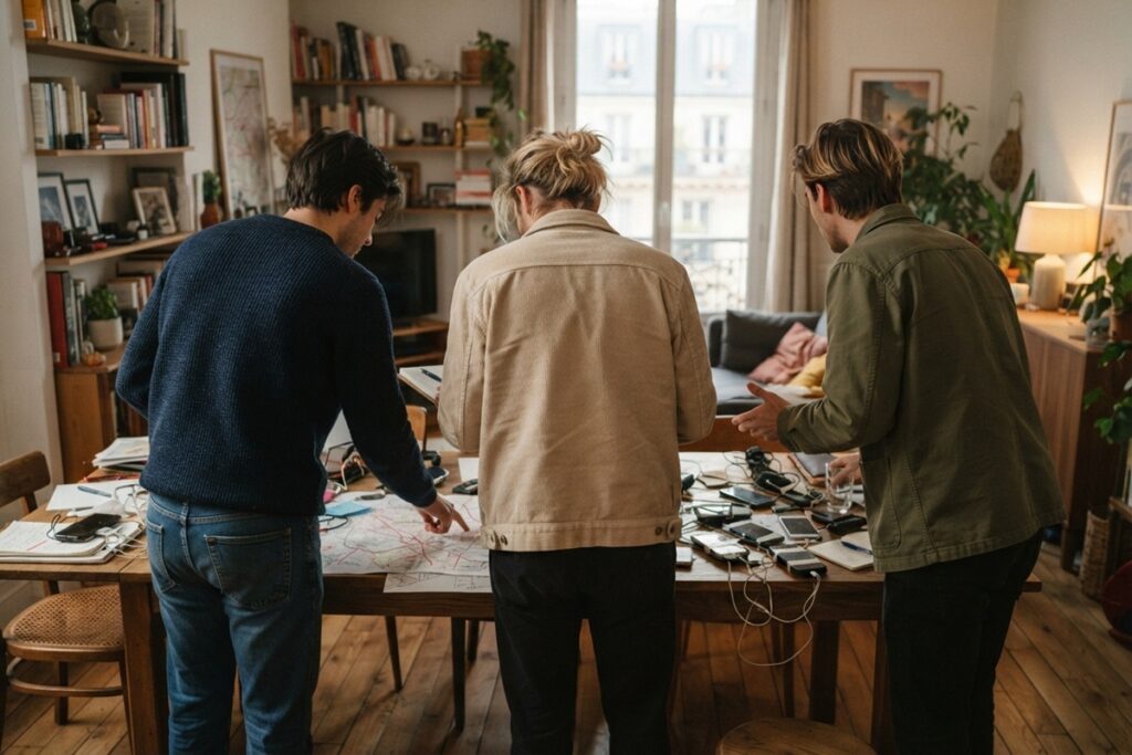 Trois amis debout devant une grande table