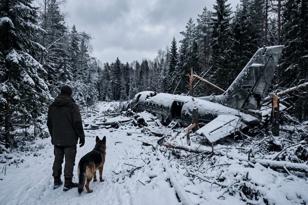 Un avion accidenté au milieu d’une forêt enneigée