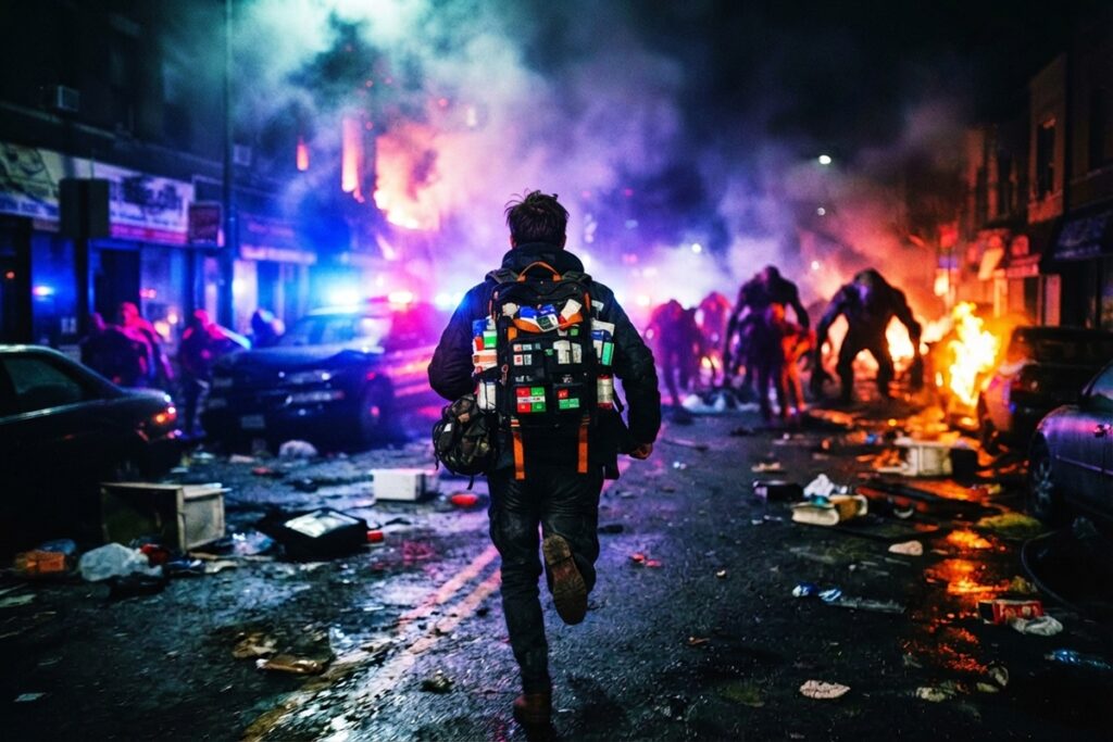 Un coursier médical courant dans une rue plongée dans le chaos