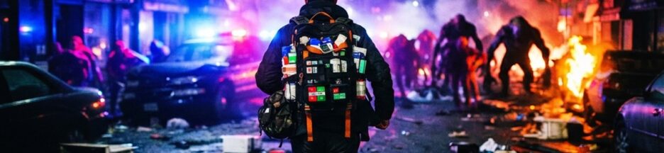Un coursier médical courant dans une rue plongée dans le chaos
