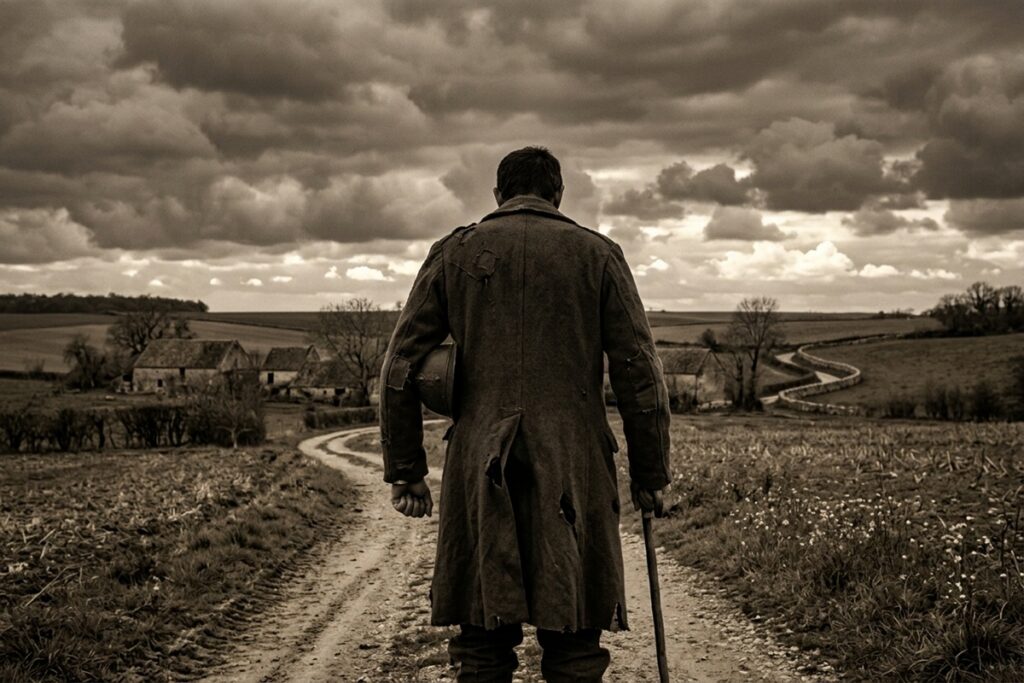 Un homme dans un paysage rural français après la guerre