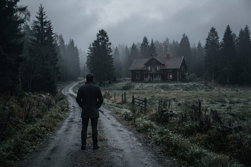 Un homme devant une grande maison isolée 