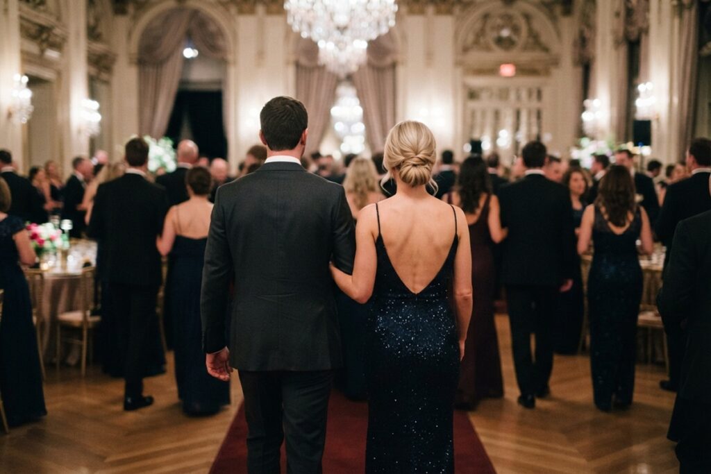 Un homme et une femme dans une réception mondaine