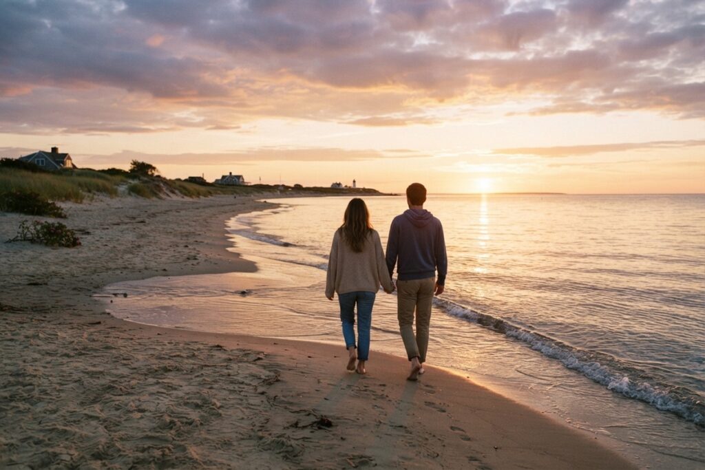 Un homme et une femme marchant sur une plage de Cape Cod