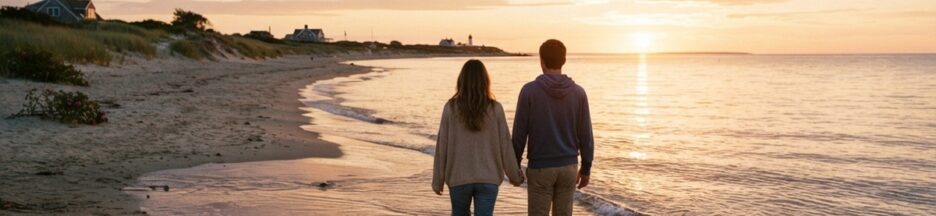 Un homme et une femme marchant sur une plage de Cape Cod