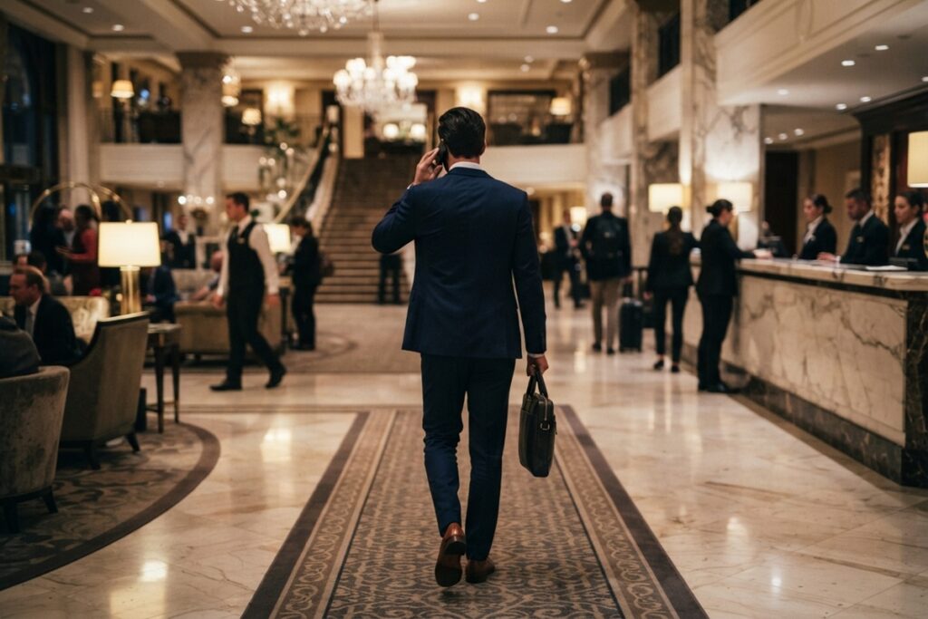 Un homme marchant dans le hall d’un hôtel