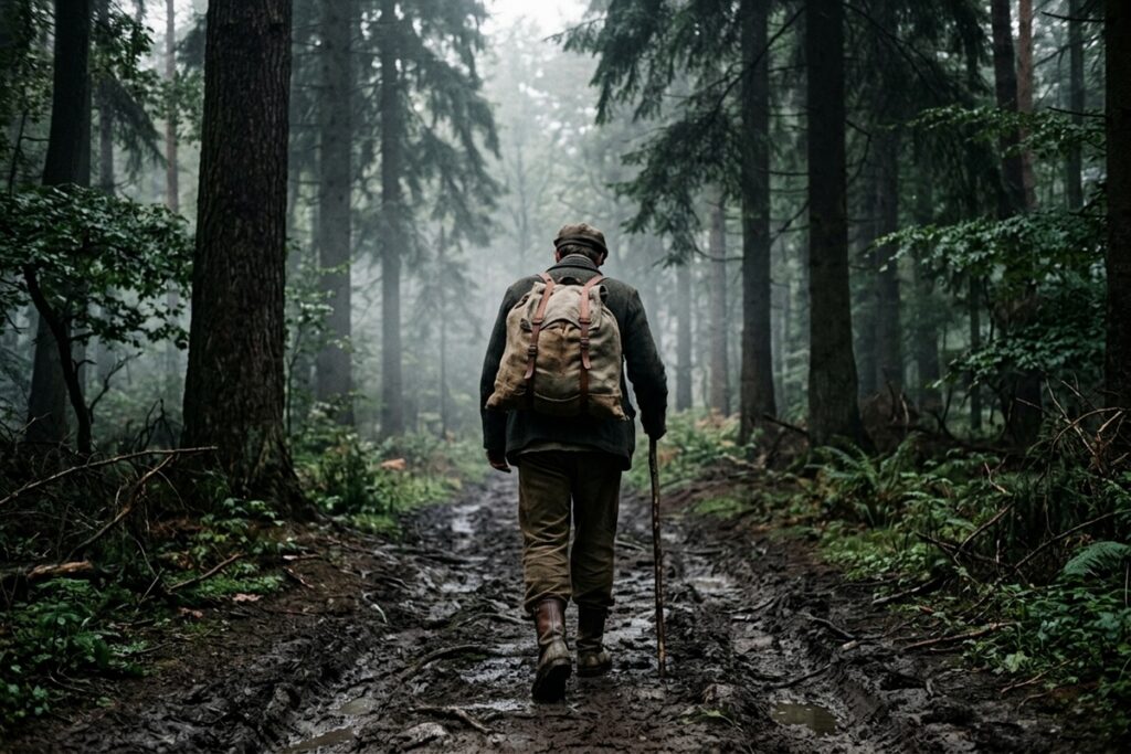 Un homme portant un lourd sac de toile à travers une forêt sauvage