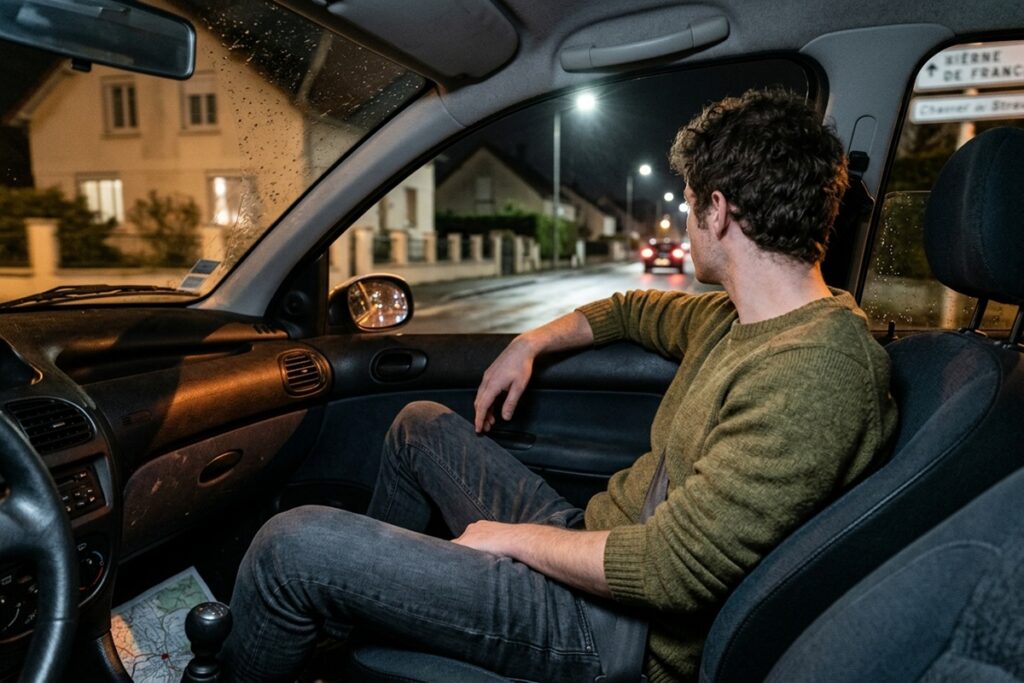Un jeune homme assis sur le siège passager d’une voiture