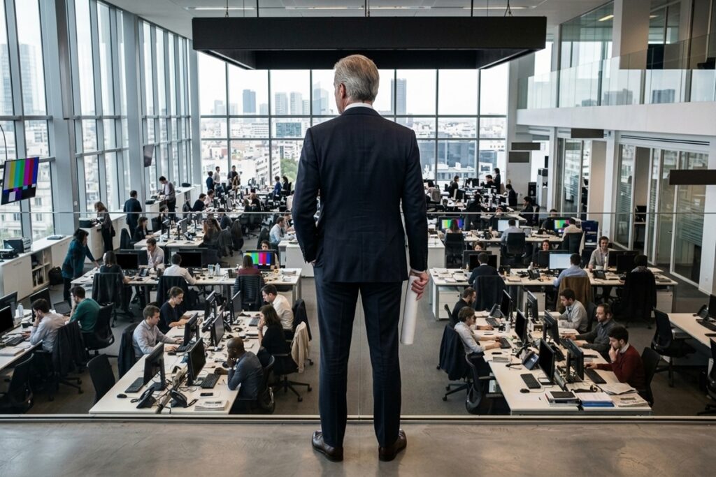 Un magnat de la presse dans une salle de rédaction 