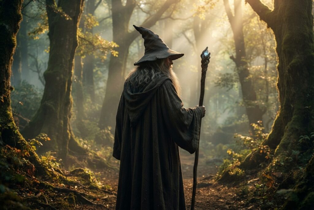 Un vieux magicien debout dans une forêt