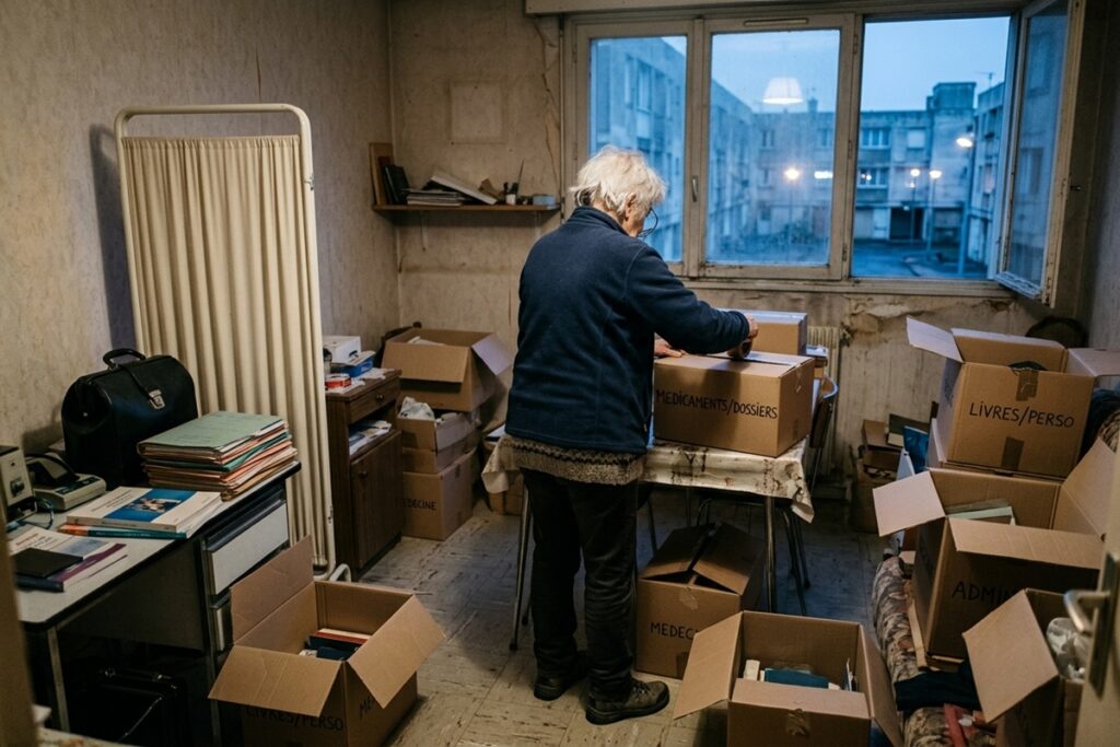 Une médecin âgée vidant son appartement
