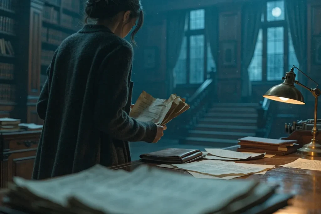 Une jeune femme tenant des pages dans l’ambiance de Verity