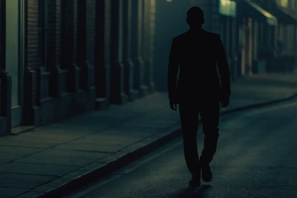silhouette masculine de dos dans une rue déserte, atmosphère paranoïaque du film d'horreur Vincent doit mourir
