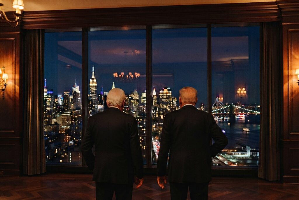 Vue de nuit depuis les grandes fenêtres d’un bâtiment culturel élégant