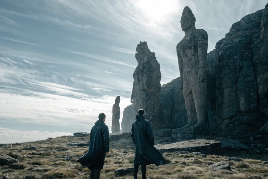 deux hommes en imperméable regardant des statues monumentales évoquant le film Wild Horse Nine