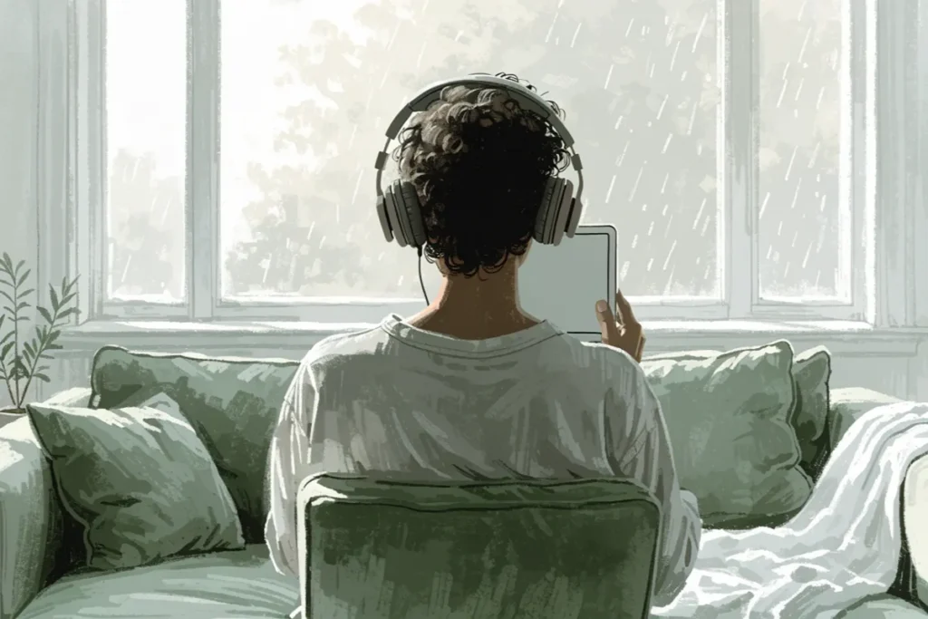 une auditrice assise, casque et tablette à proximité d'une fenêtre évoquant Adèle Castillon