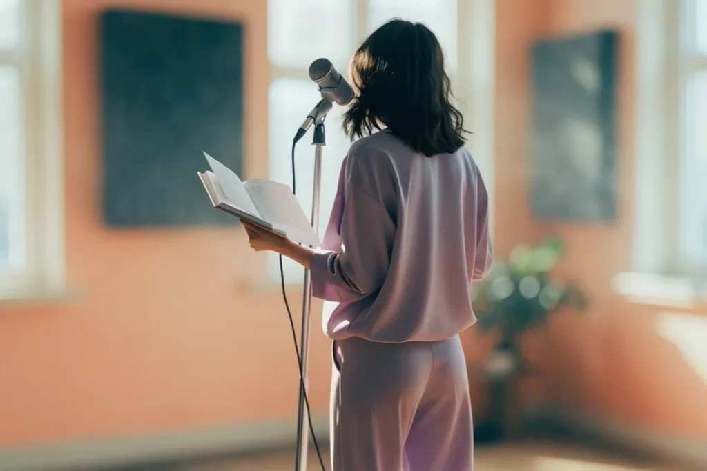 une chanteuse anonyme de dos avec un carnet devant un microphone évoquant Adèle Castillon