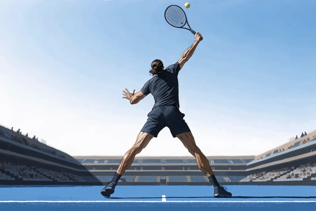 Joueur de tennis au service, sur un court évoquant le service lors du tournoi asiatique de Shanghai