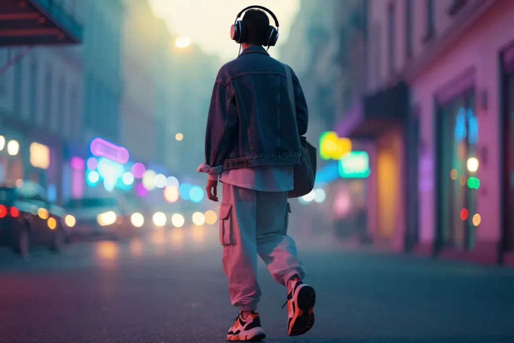 Une personne écoutant une musique électronique en ville