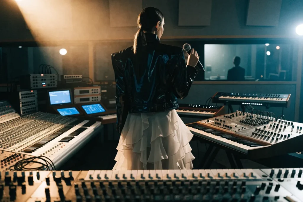 Chanteuse en studio, illustration IA pour Angèle Love Triangle