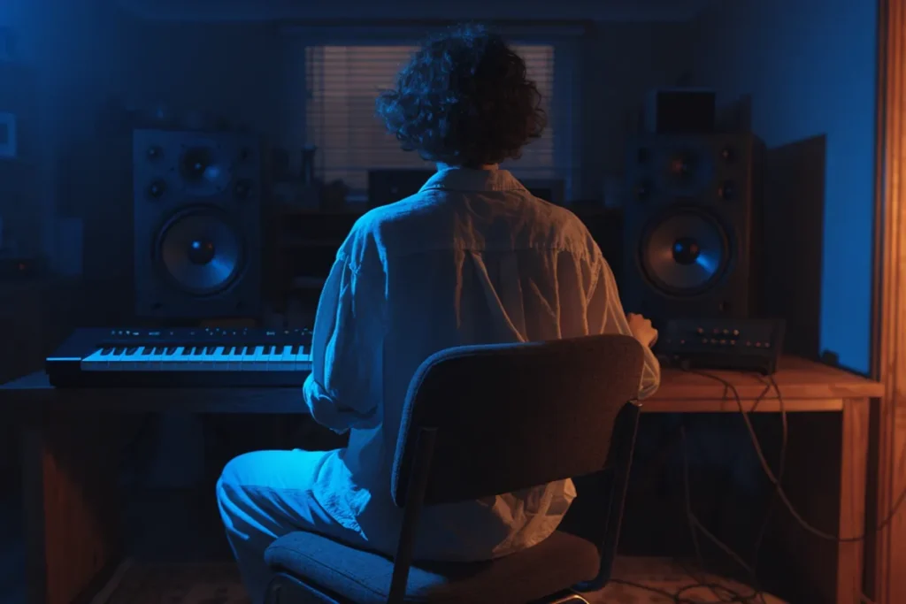 Une auditrice devant un petit studio lumineux évoquant Angèle Instinct