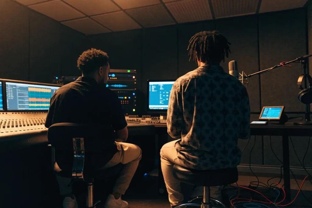 Un studio d'enregistrement contemporain évoquant l’univers musical en studio de Bigflo & Oli