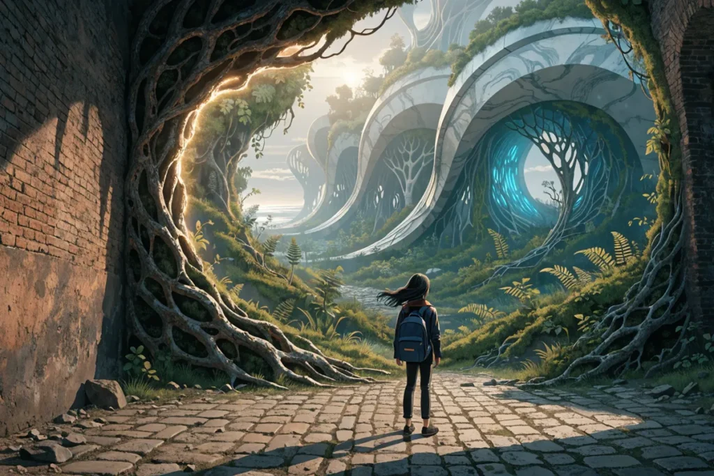 Une adolescente découvrant un passage vers un royaume imaginaire évoquant Billie à la croisée des mondes
