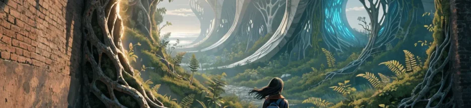 Une adolescente découvrant un passage vers un royaume imaginaire évoquant Billie à la croisée des mondes