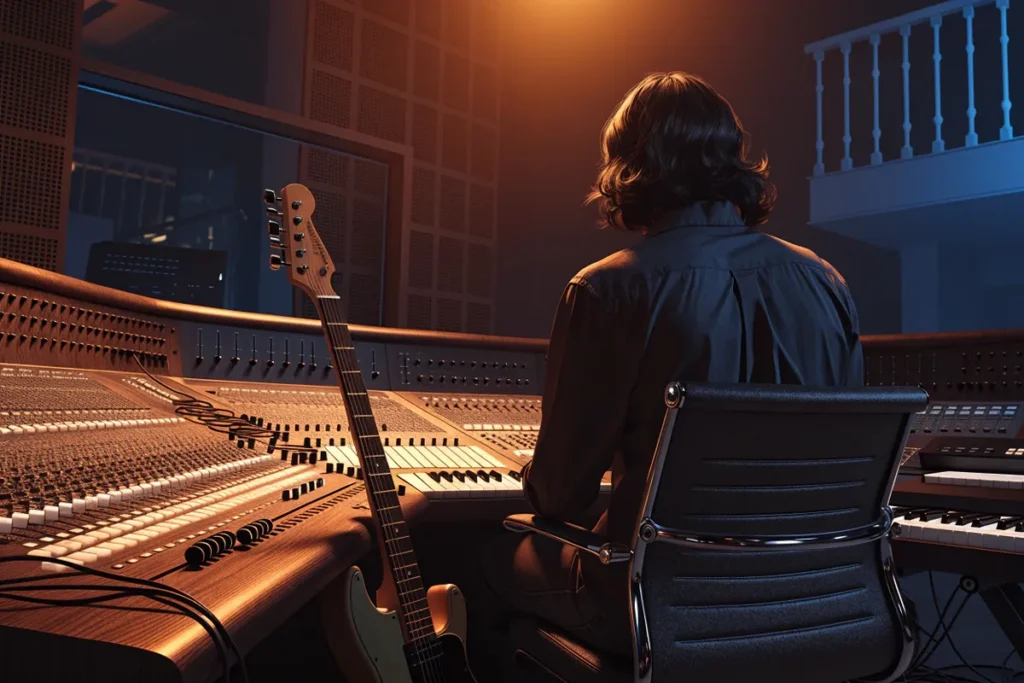 Artiste dans un studio musical, guitare et consoles éclairées par une lumière douce