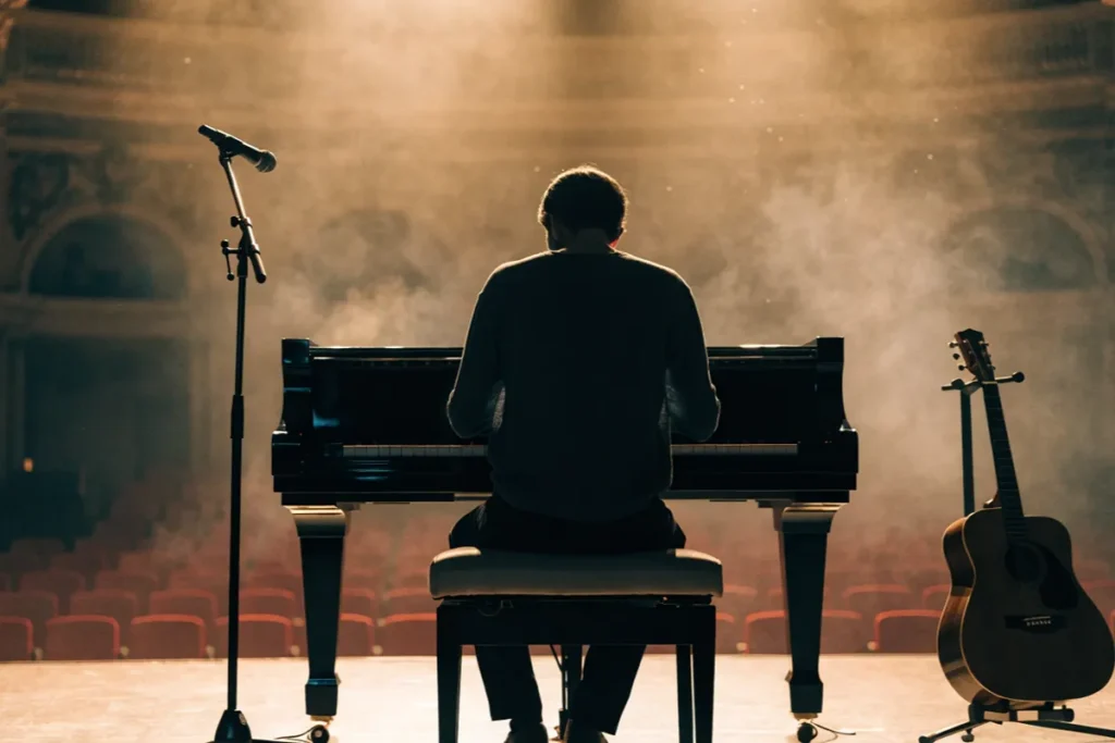 un musicien assis au piano dans un théâtre lumineux, évoquant le format intimiste du projet scénique intimiste de Calogero