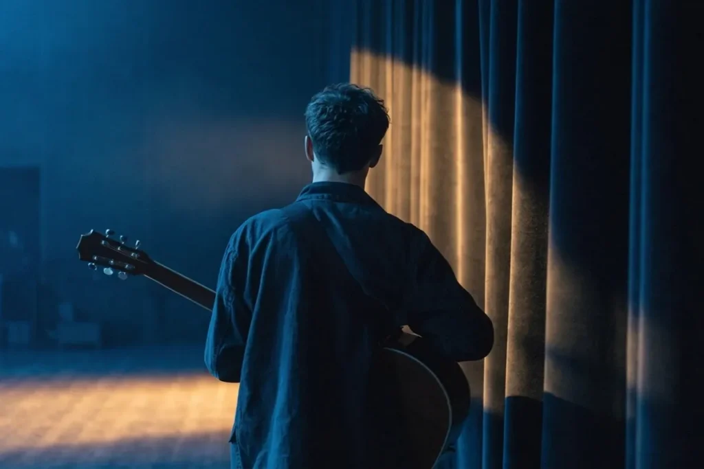 un musicien debout avec une guitare, évoquant Calogero et son répertoire sur scène