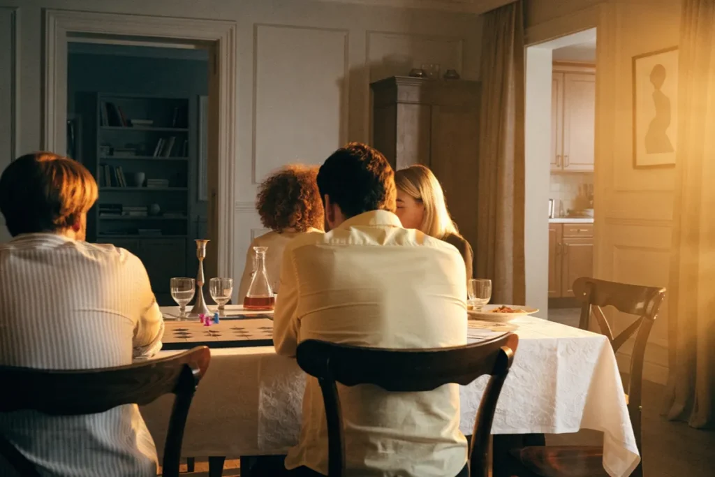 Une table familiale préparée pour une partie de jeu de société évoquant Camembert