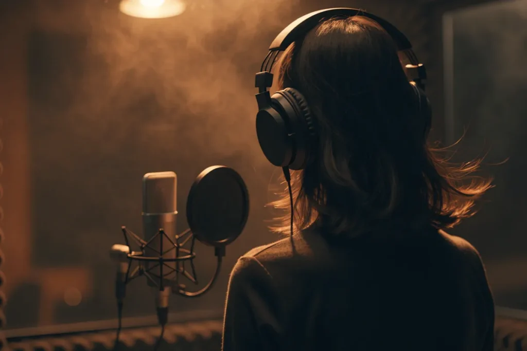 une chanteuse devant un microphone, dans un studio chaleureux évoquant Charlotte Cardin