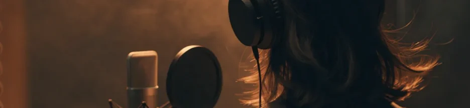 une chanteuse devant un microphone, dans un studio chaleureux évoquant Charlotte Cardin