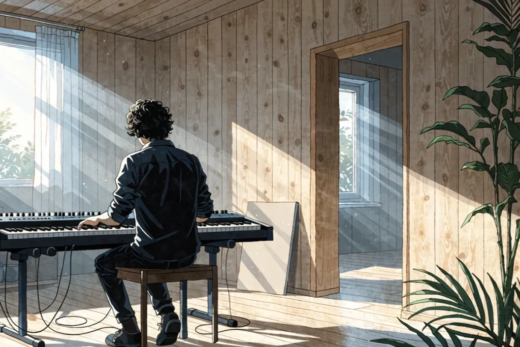 Un pianiste dans un studio électronique évoquant l’univers de Christophe Willem