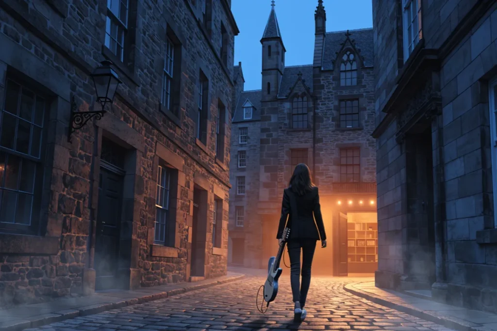 Jeune musicienne dans une ruelle pavée d’Édimbourg évoquant City of Ghosts