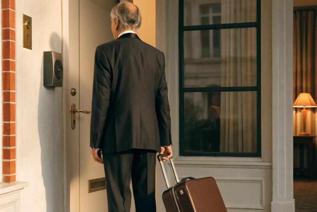 Homme âgé devant la porte d'un appartement, une valise à ses côtés rappelant Claude