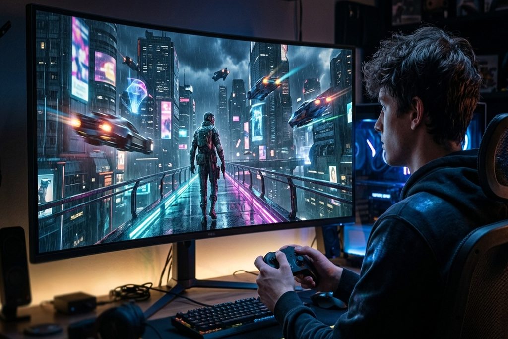 Un gamer qui joue à Cyberpunk 2077 sur son ordinateur