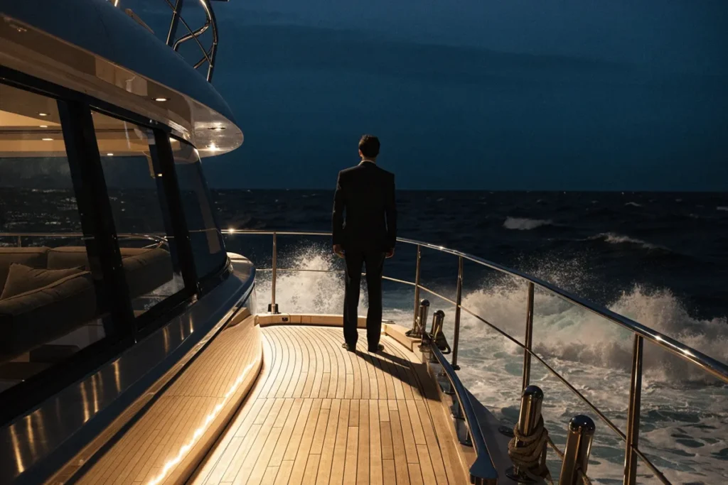 Un homme mystérieux observant la mer depuis le pont d’un yacht rappelant l’ambiance de Day Drinker