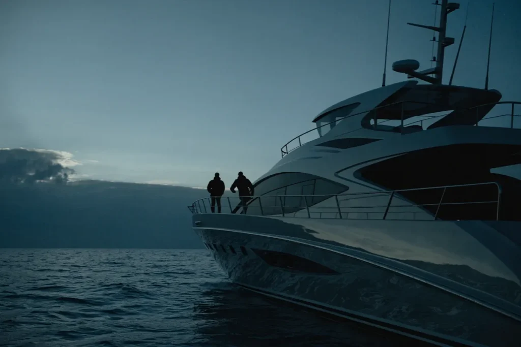 Un yacht de luxe isolé sur une mer sombre au crépuscule évoquant Day Drinker